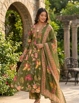 Ivory Multi-Floral Anarkali Suit Set - onlinezera.in
